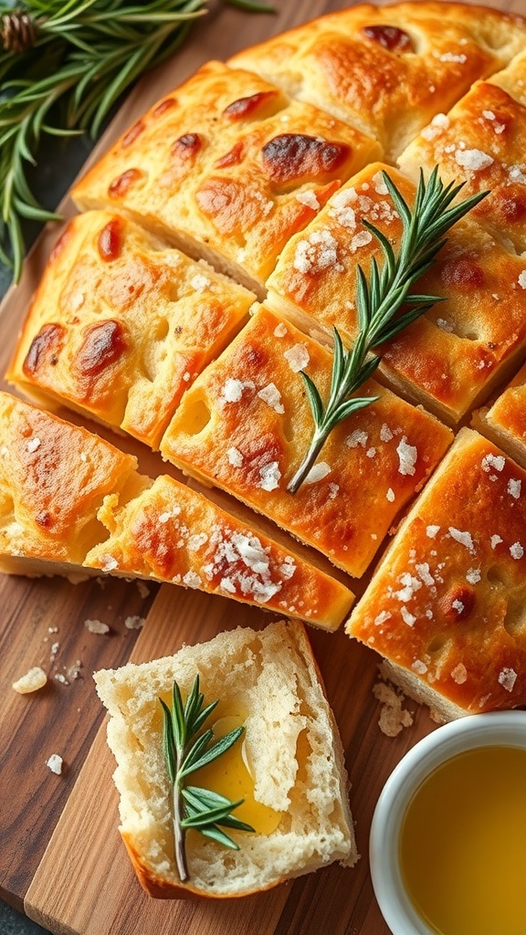 Golden brown focaccia bread topped with rosemary and sea salt, served on a wooden board with olive oil.